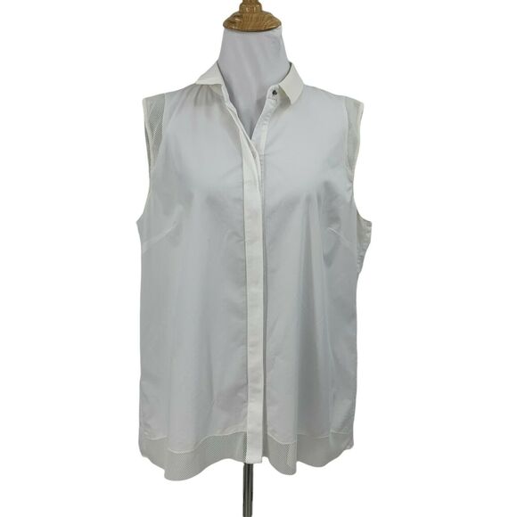 Elie Tahari White Crepe Top L Large Hidden Buttons Mesh Trim Collar Blouse *READ - Picture 1 of 11